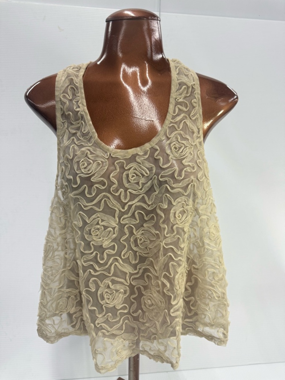 h.i.p Sheer Lace Floral Tank Top Beige Boho Mesh Racerback Medium